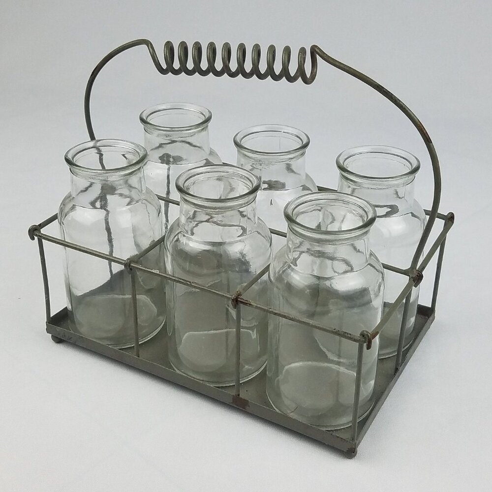 Vtg glass clear‎ bottle holder carry rack metal rustic farmhouse 6 bottles home